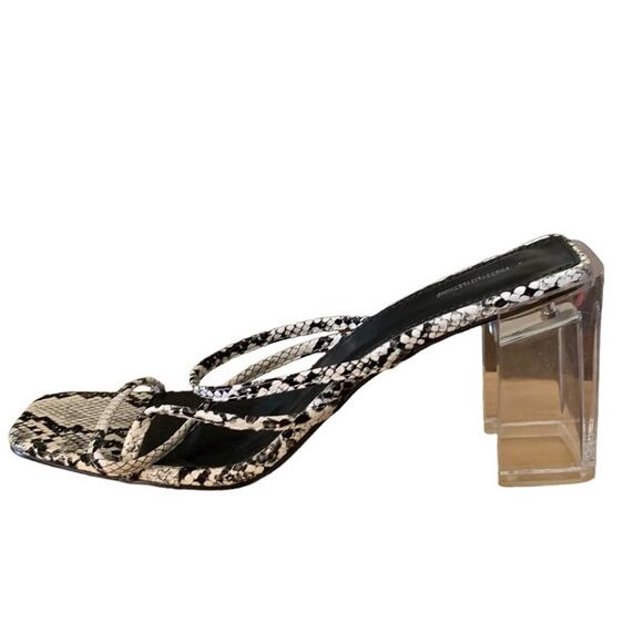 Pretty little think acrylic heel shoes sandals black white faux snake size 7 - Picture 3 of 9
